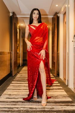 Crimson red drape saree