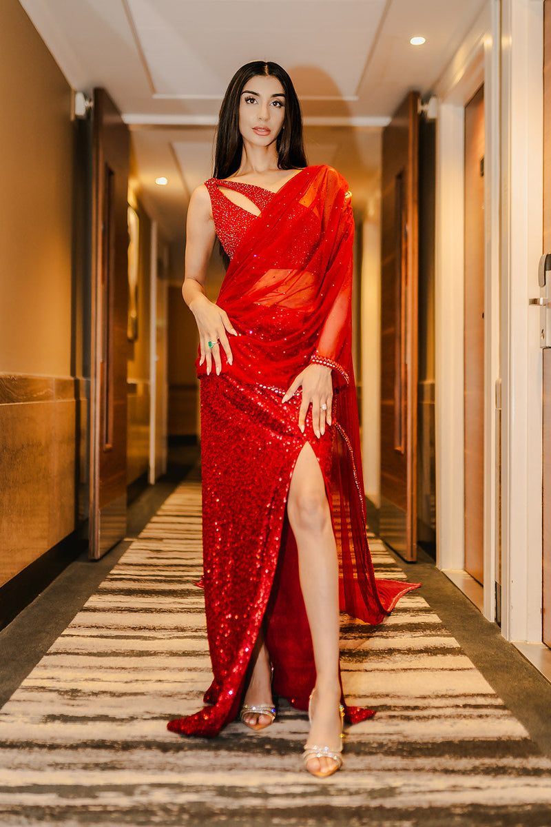 Crimson red drape saree