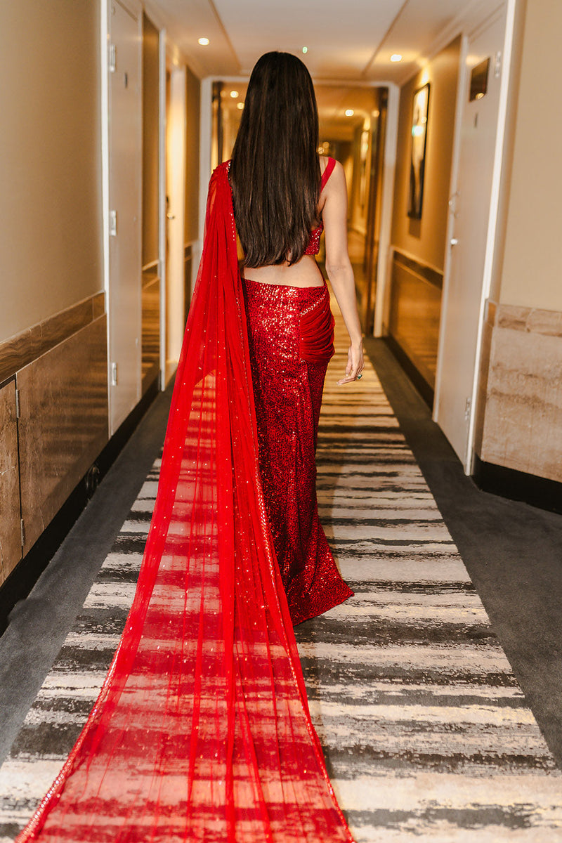 Crimson red drape saree