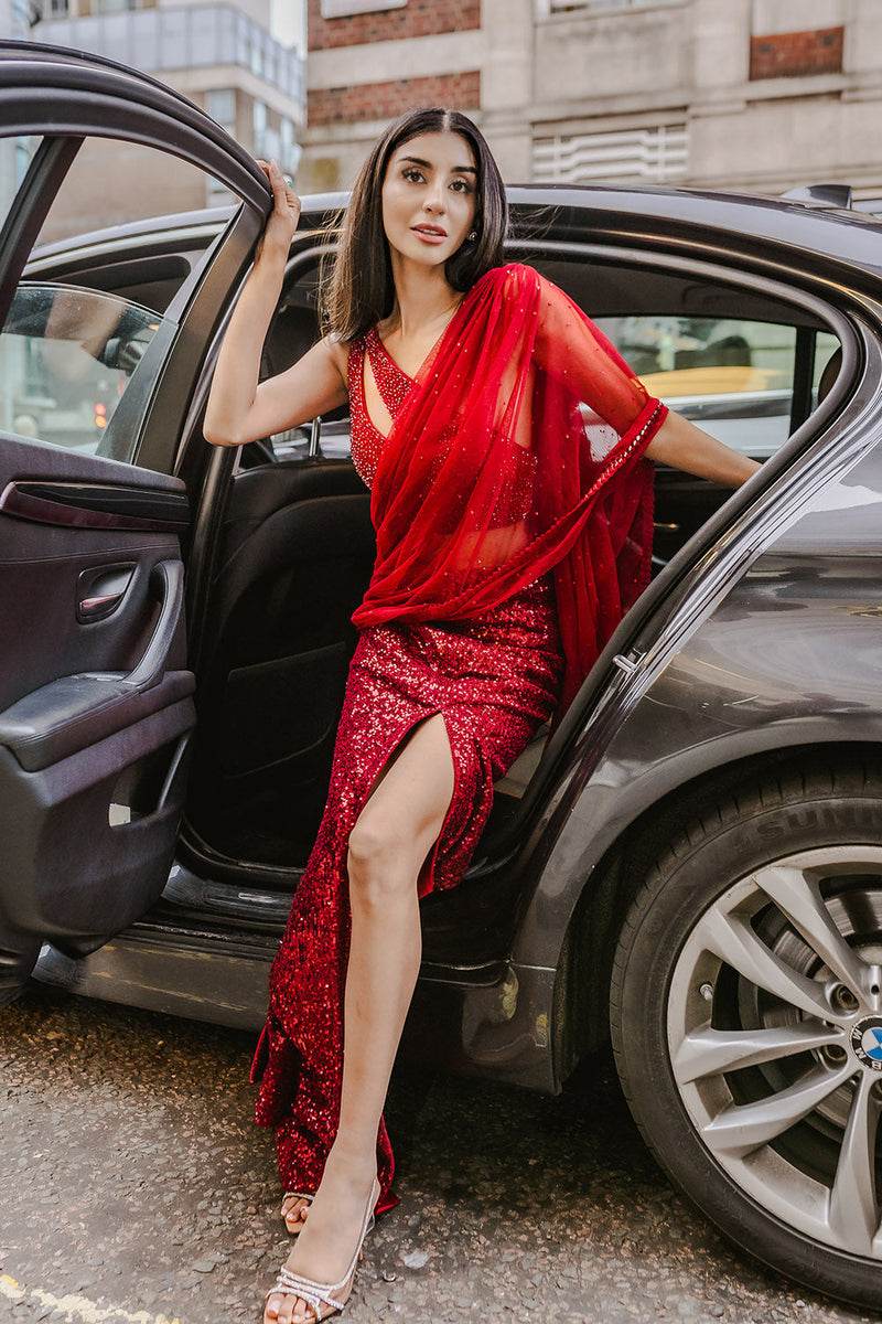 Crimson red drape saree