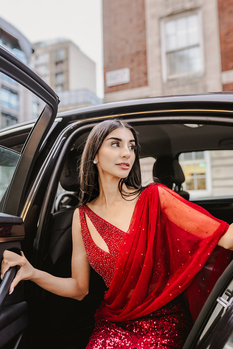 Crimson red drape saree