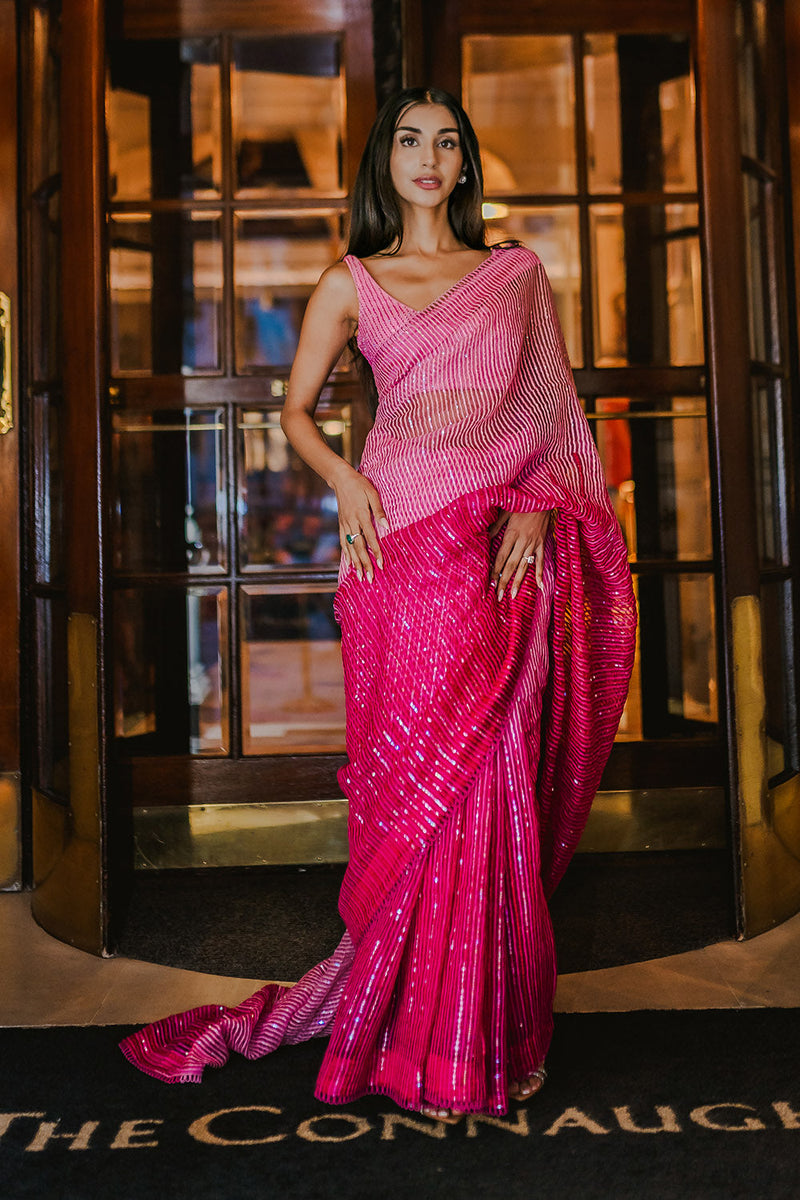 Fuchsia pink ombré organza saree