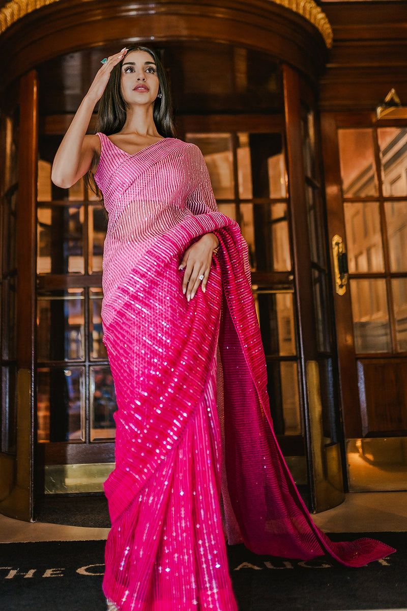 Fuchsia pink ombré organza saree
