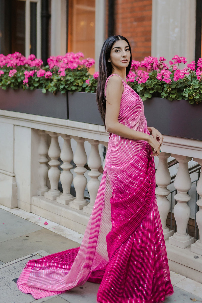 Fuchsia pink ombré organza saree