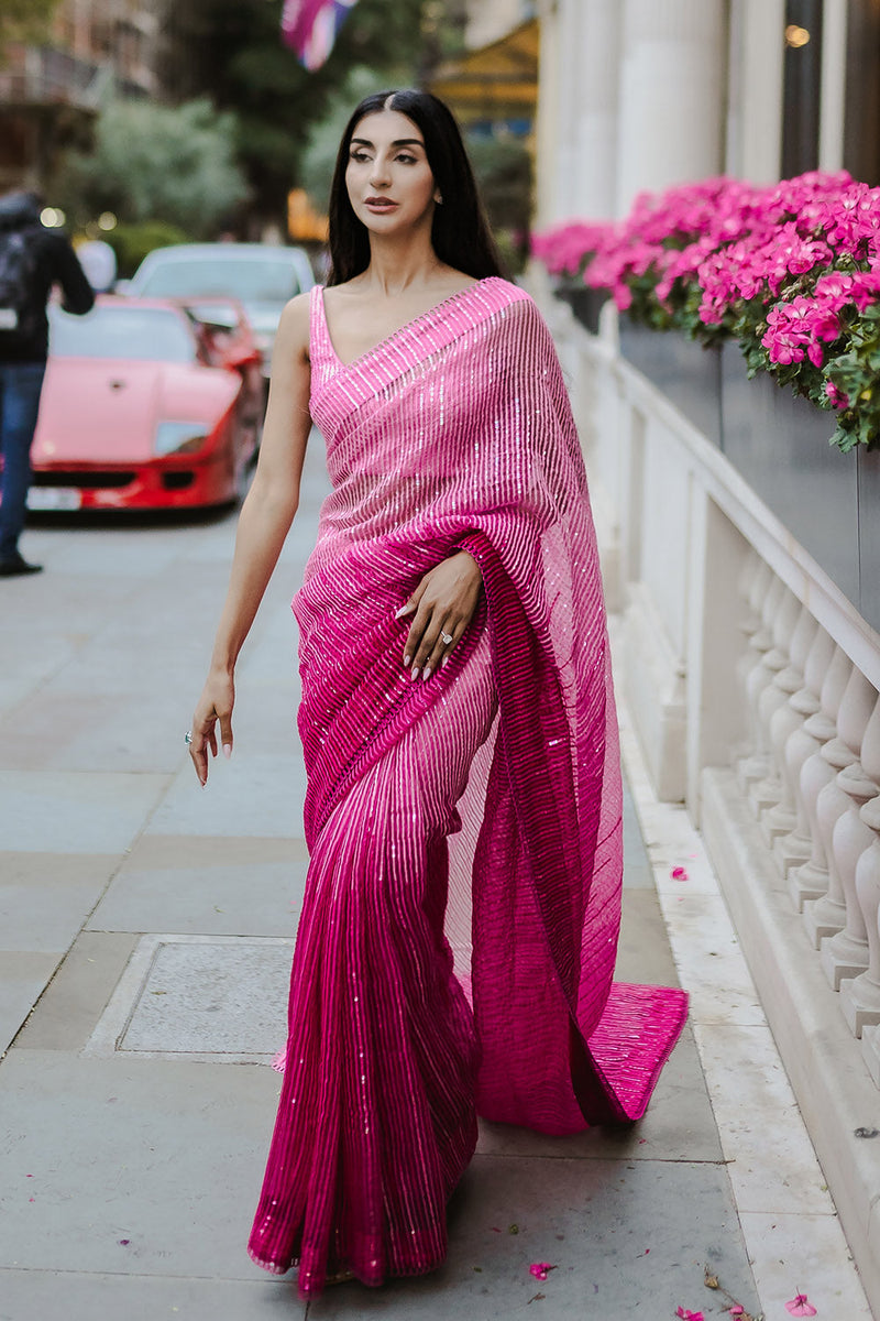 Fuchsia pink ombré organza saree