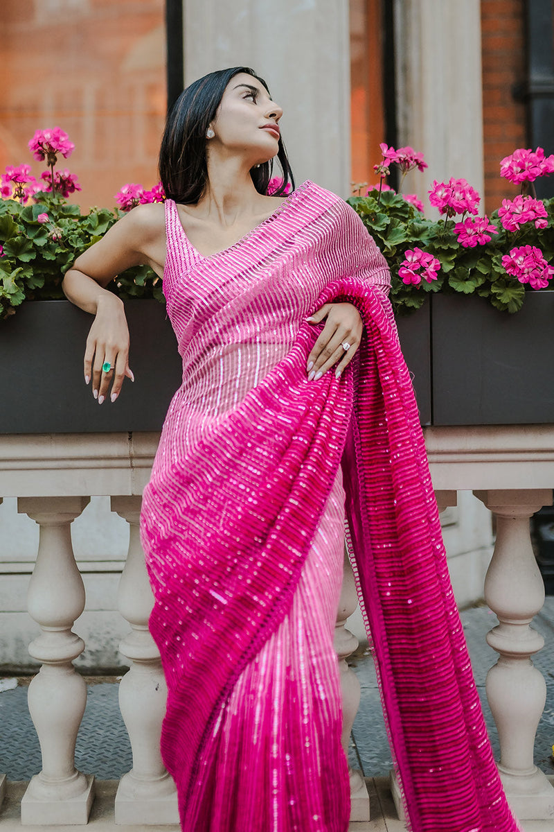 Fuchsia pink ombré organza saree
