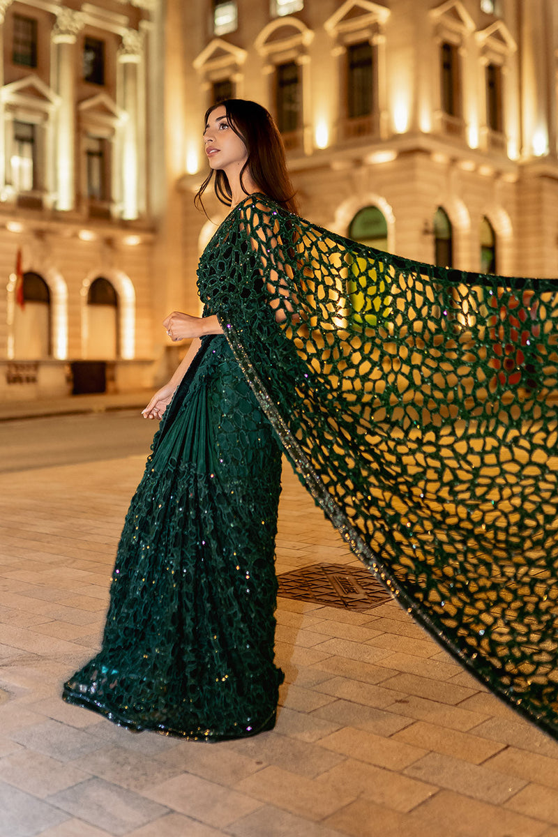 Bottle green cutwork saree