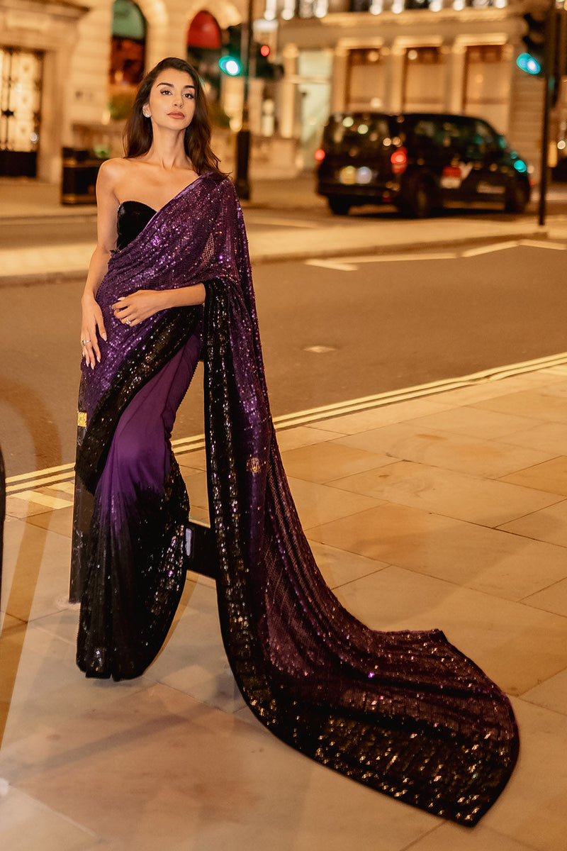 Royal purple to black ombré saree