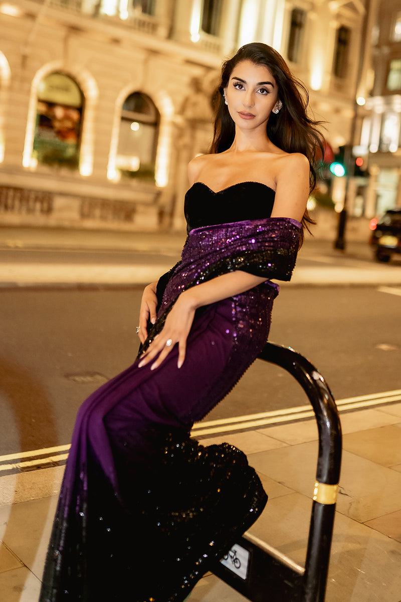 Royal purple to black ombré saree
