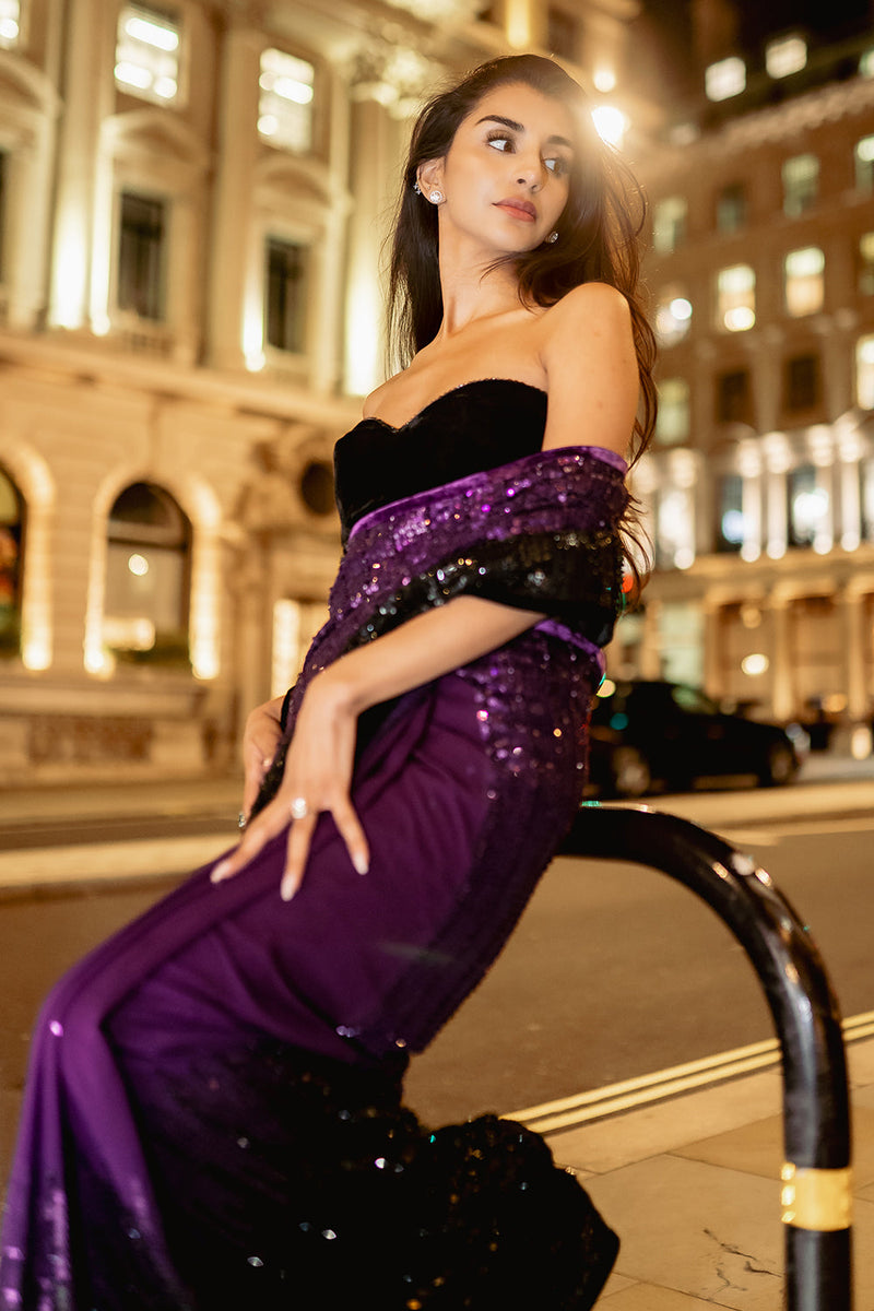 Royal purple to black ombré saree
