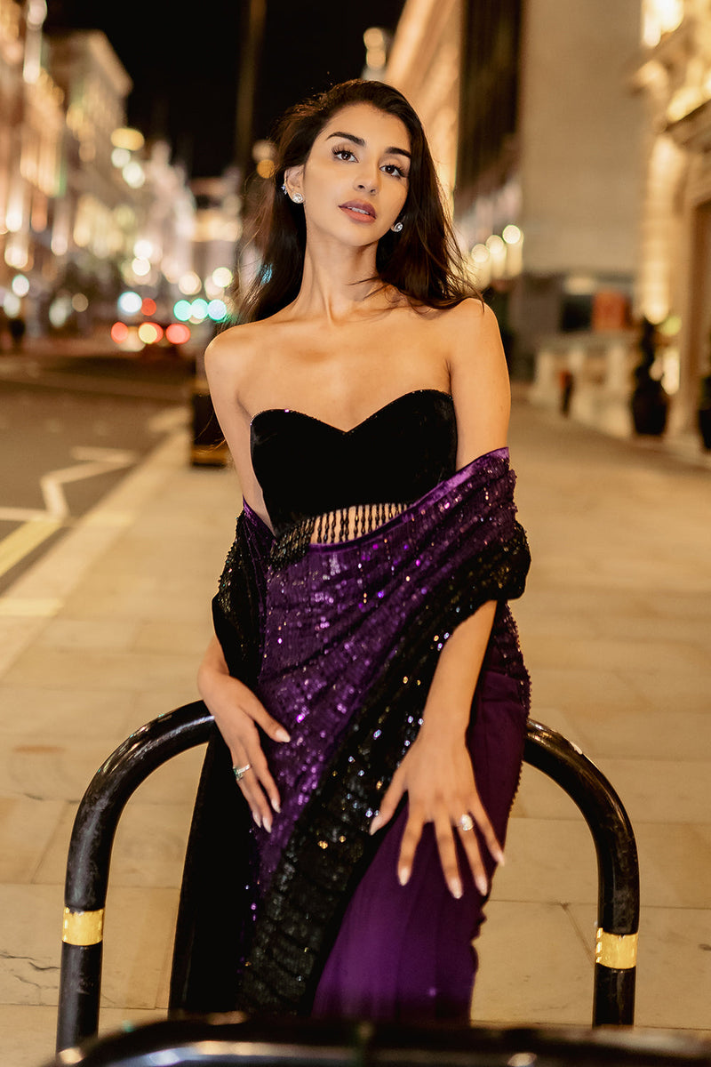 Royal purple to black ombré saree