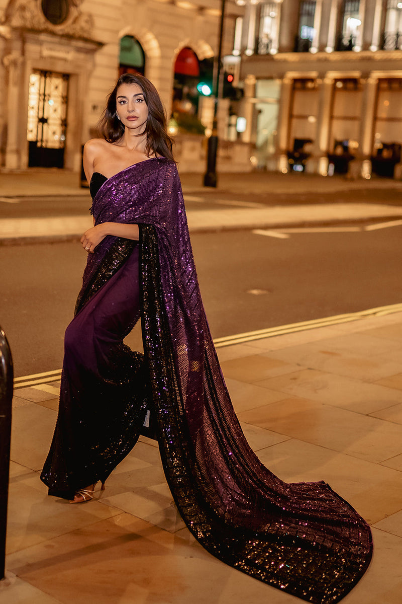 Royal purple to black ombré saree