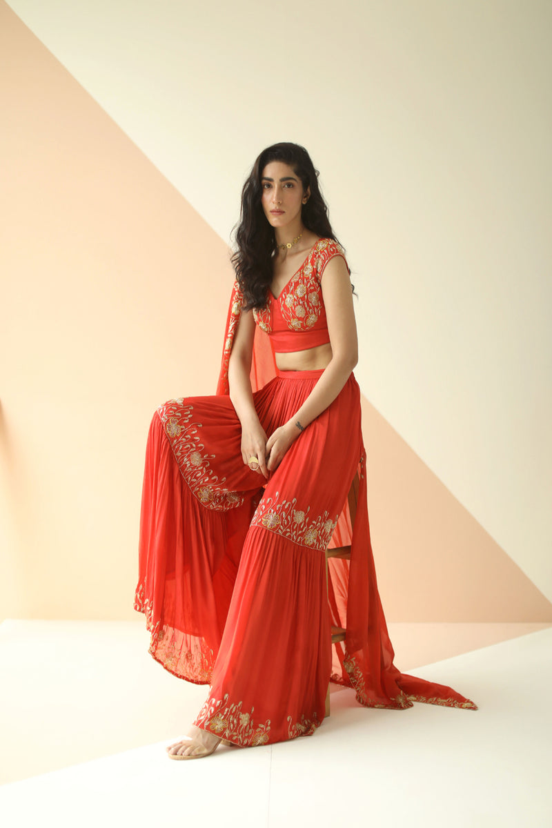 RED CUPWORK BLOUSE EMBROIDERED SHARARA WITH BORDER DUPATTA