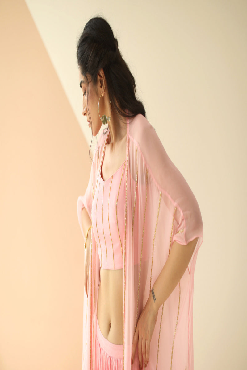 BABY PINK STEP LINE BLOUSE SHARARA WITH LINE ORGANZA JACKET