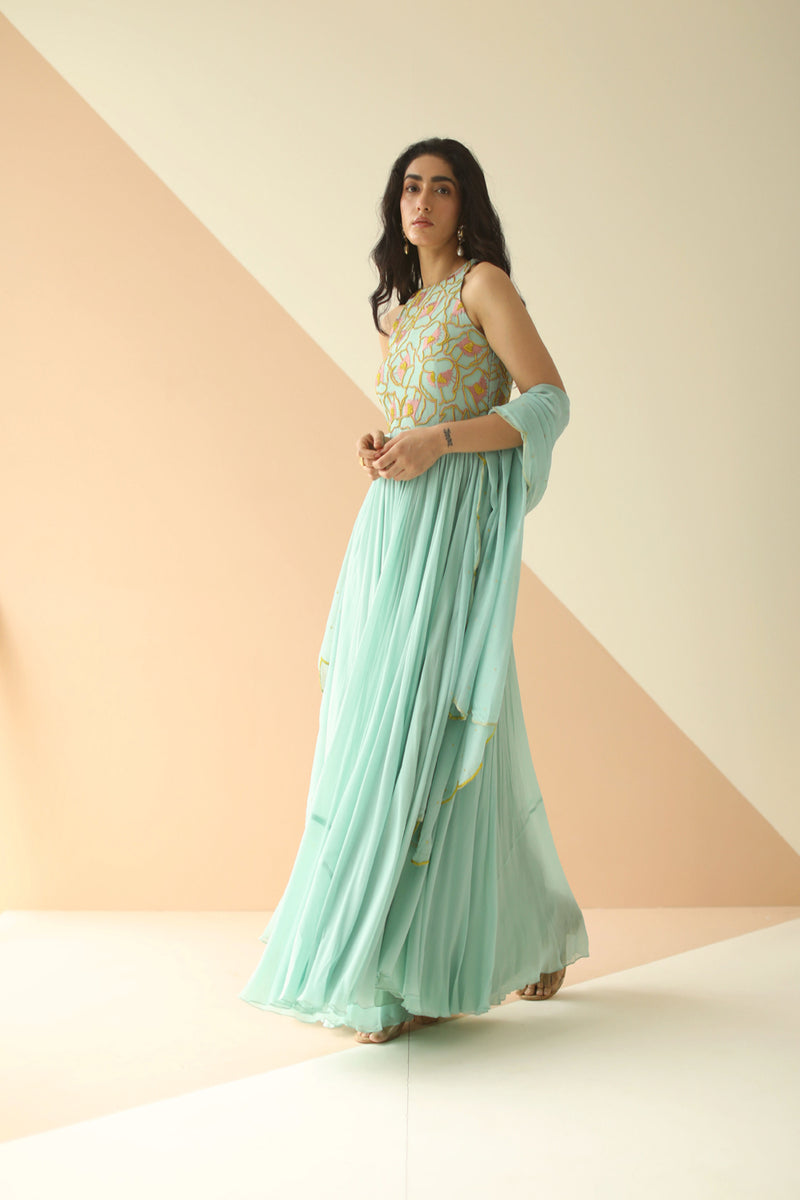 MINT BLUE ABSTRACT ANARKALI WITH SCALLOP DUPATTA