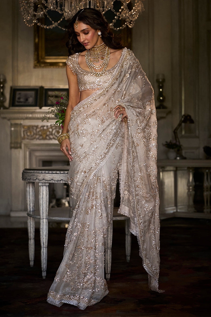 Ivory Gold Sequin Saree