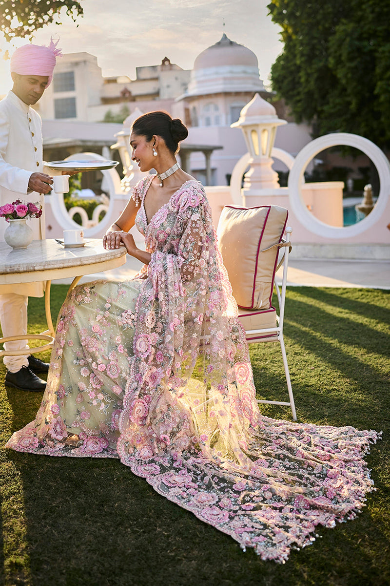 Mint Green Multi-Coloured Floral Saree