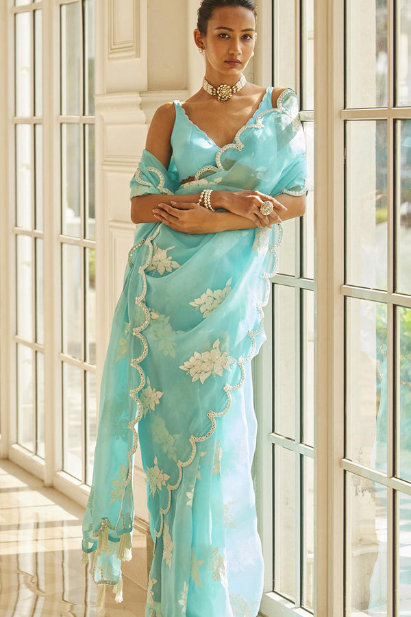 Blue Flower Saree Set