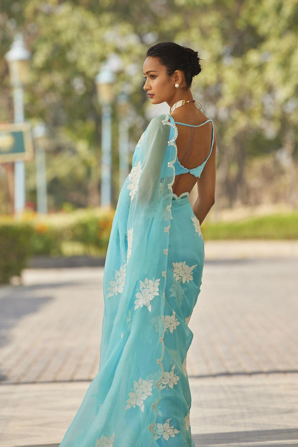 Blue Flower Saree Set