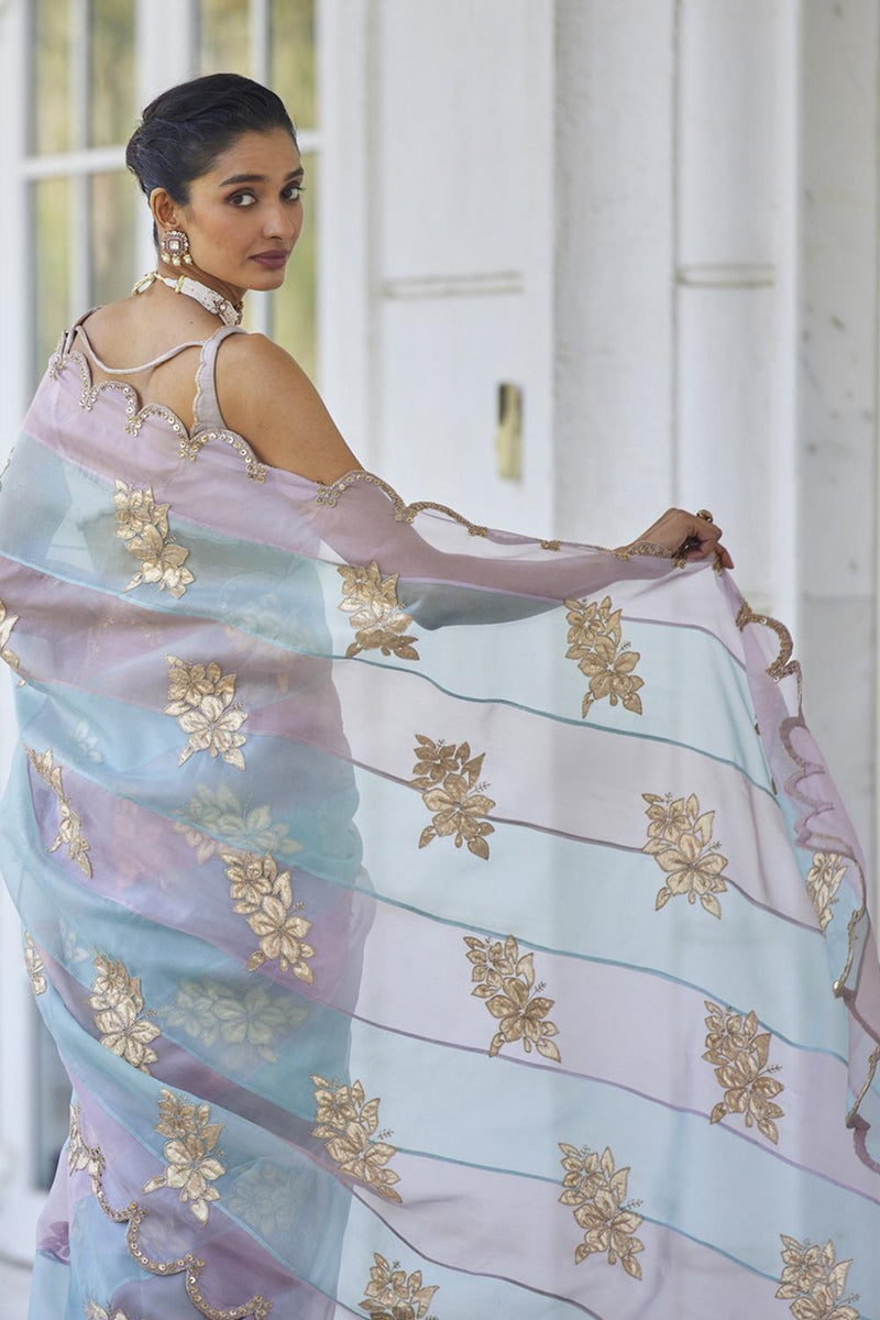 Ash Pink Flower Saree Set