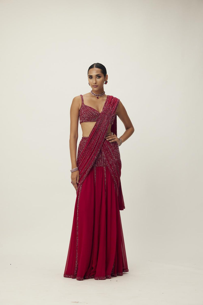 Ruby Red Pre Draped Crystal Embellished Saree Set