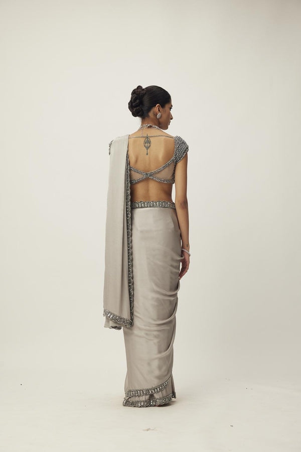 Crystal Grey Satin Saree Set