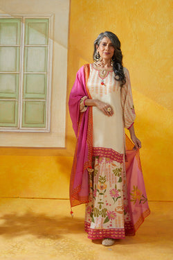 Bamberg Satin Printed Sharara Set With Embellished Neckline And Organza Dupatta