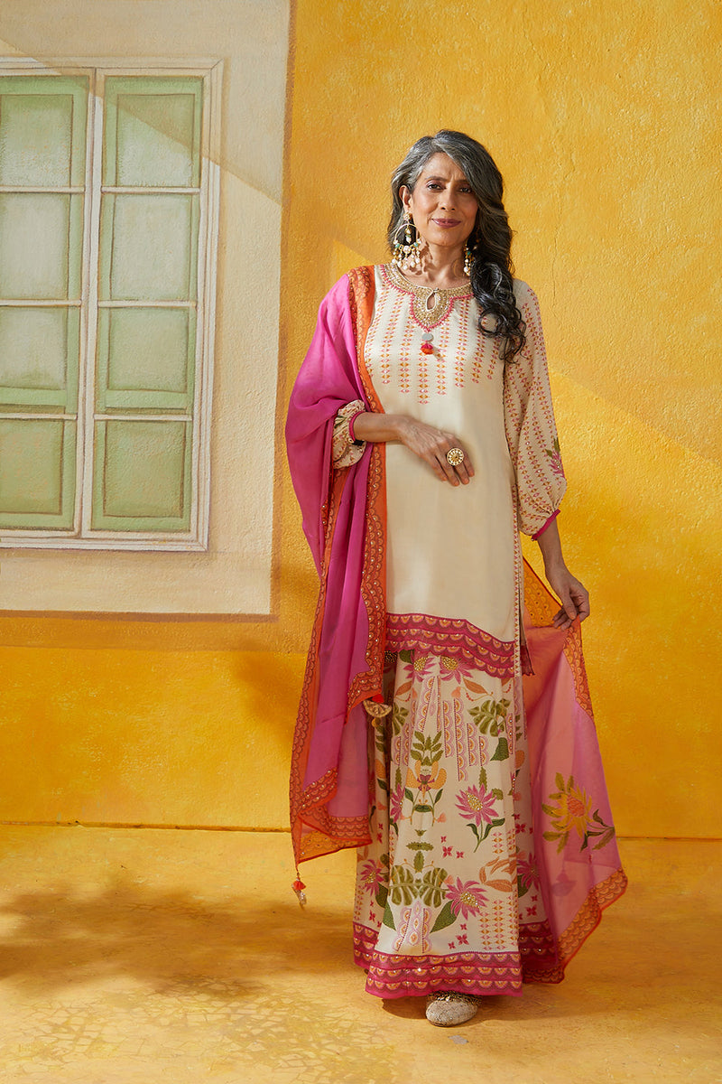 Bamberg Satin Printed Sharara Set With Embellished Neckline And Organza Dupatta