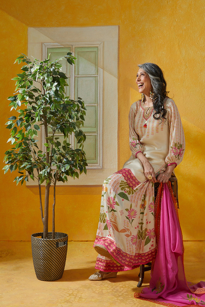 Bamberg Satin Printed Sharara Set With Embellished Neckline And Organza Dupatta