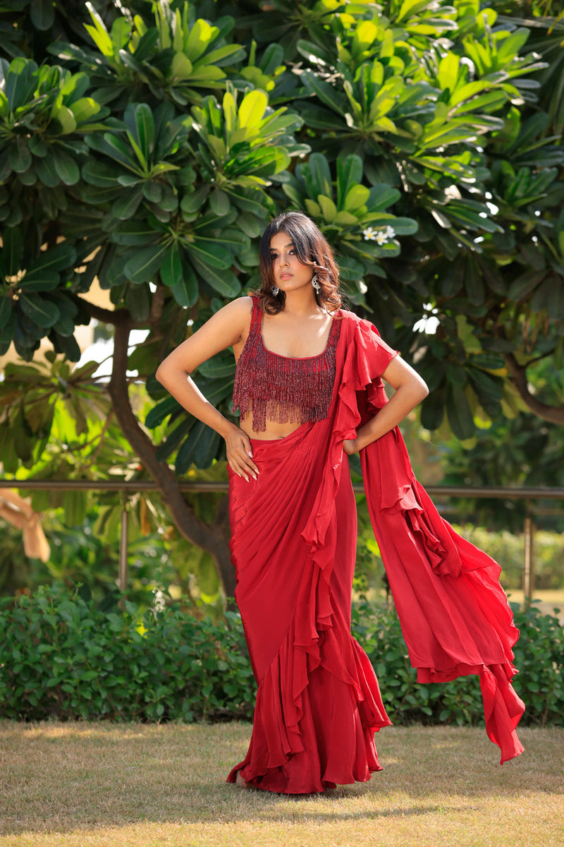 Ruby Red Ruffle Saree With Blouse Set