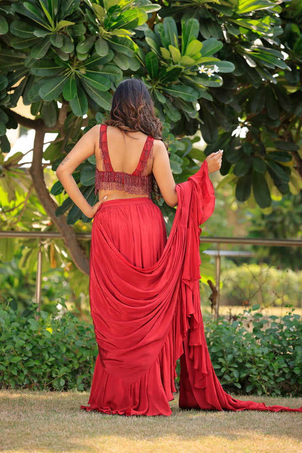 Ruby Red Ruffle Saree With Blouse Set