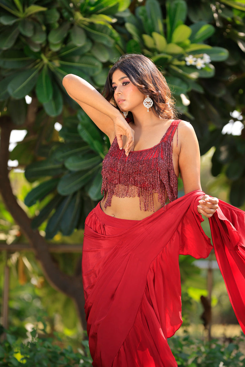 Ruby Red Ruffle Saree With Blouse Set