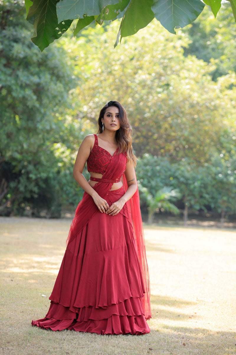 Ruby Red Embellished Lehenga With Drape Dupatta And Blouse Set