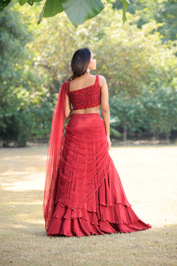 Ruby Red Embellished Lehenga With Drape Dupatta And Blouse Set