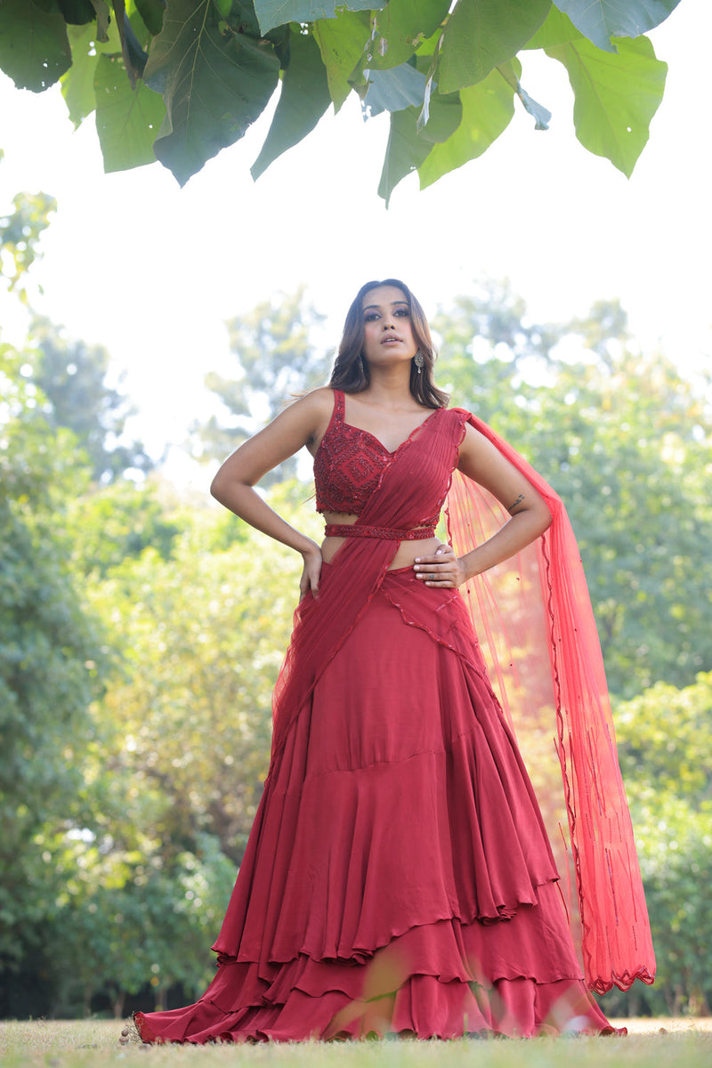 Ruby Red Embellished Lehenga With Drape Dupatta And Blouse Set