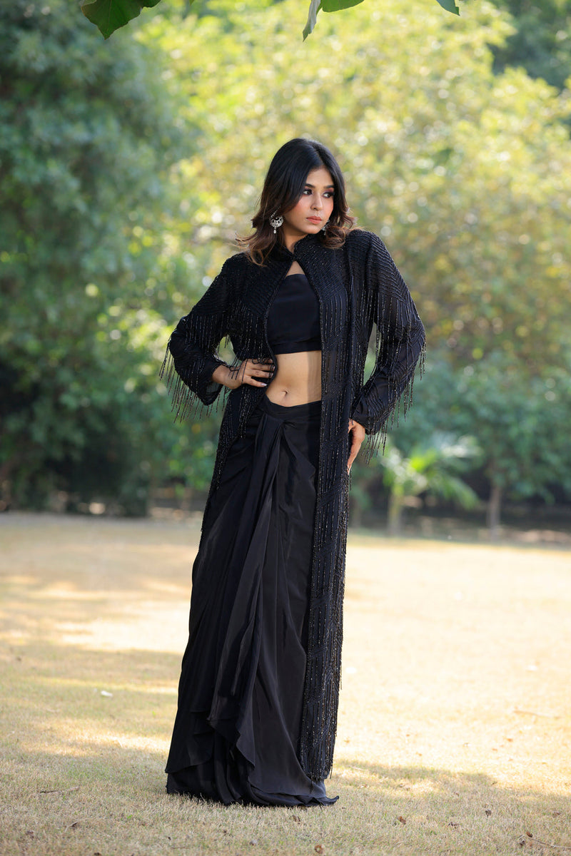 Black Jhallar Jacket Cape Set