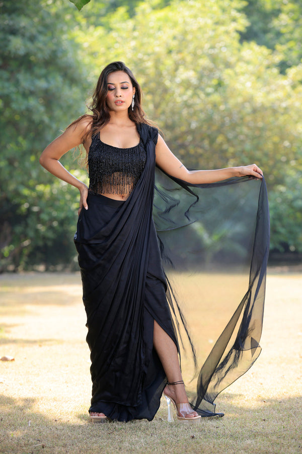 Black Jhallar Saree Set