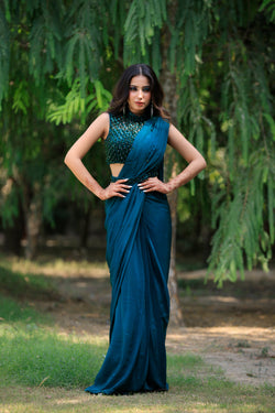 Peacock Green Embellished Drape Saree