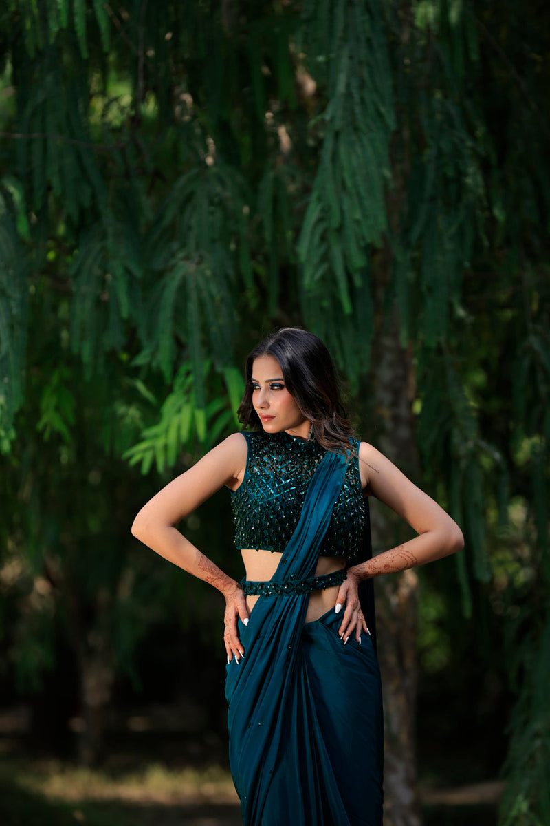 Peacock Green Embellished Drape Saree