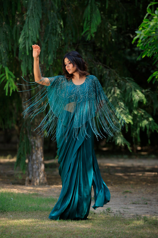 Peacock Green Drape Saree Set