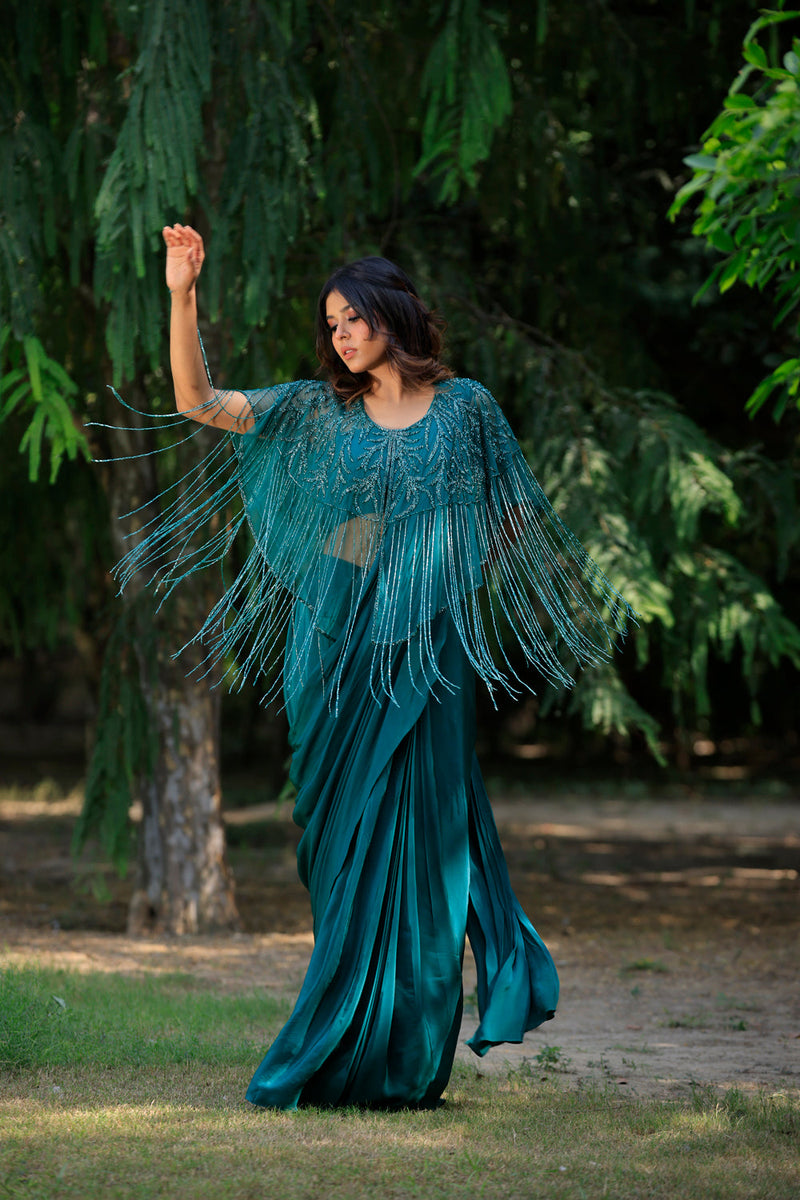 Peacock Green Drape Saree Set