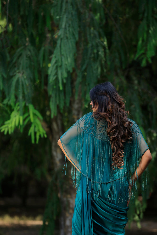 Peacock Green Drape Saree Set