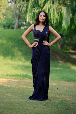 Midnight Blue Layered Saree Set