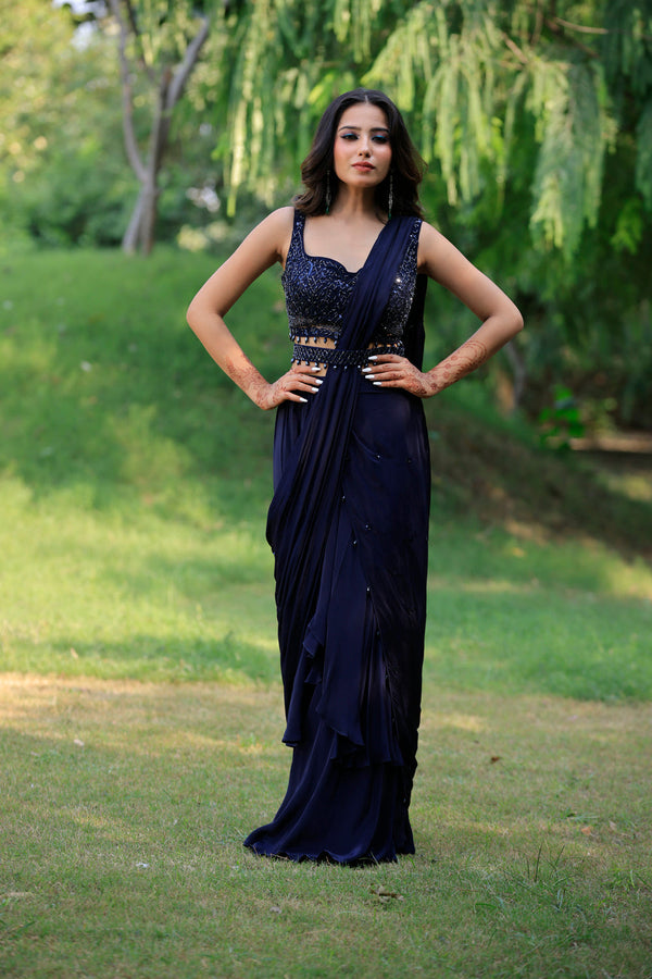 Midnight Blue Layered Saree Set