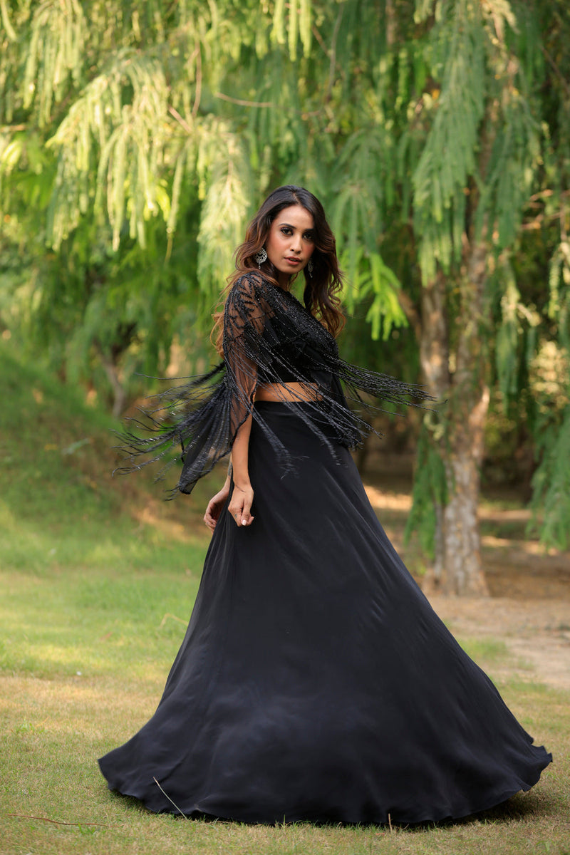 Black Jhallar Poncho Cape Jacket Set