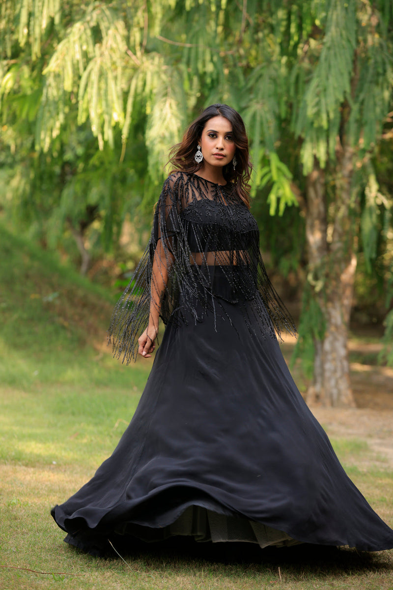 Black Jhallar Poncho Cape Jacket Set