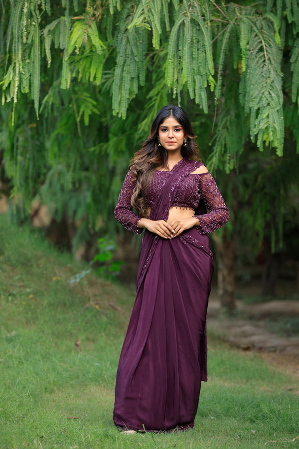 Wine Drape Embellished Drape Saree