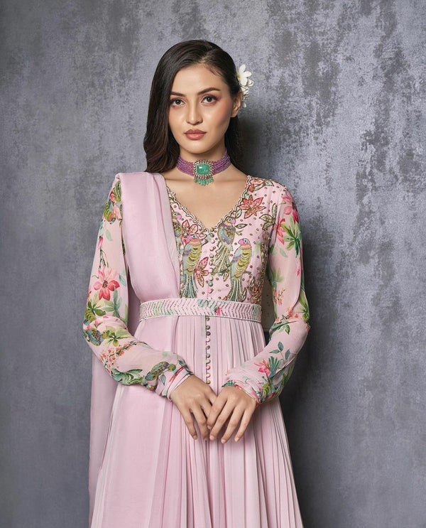 Elegant floral blush pink georgette gown with intricate hand embroidery