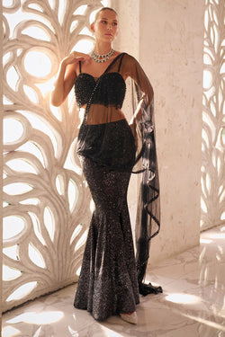 Blackto grey sequins drape saree