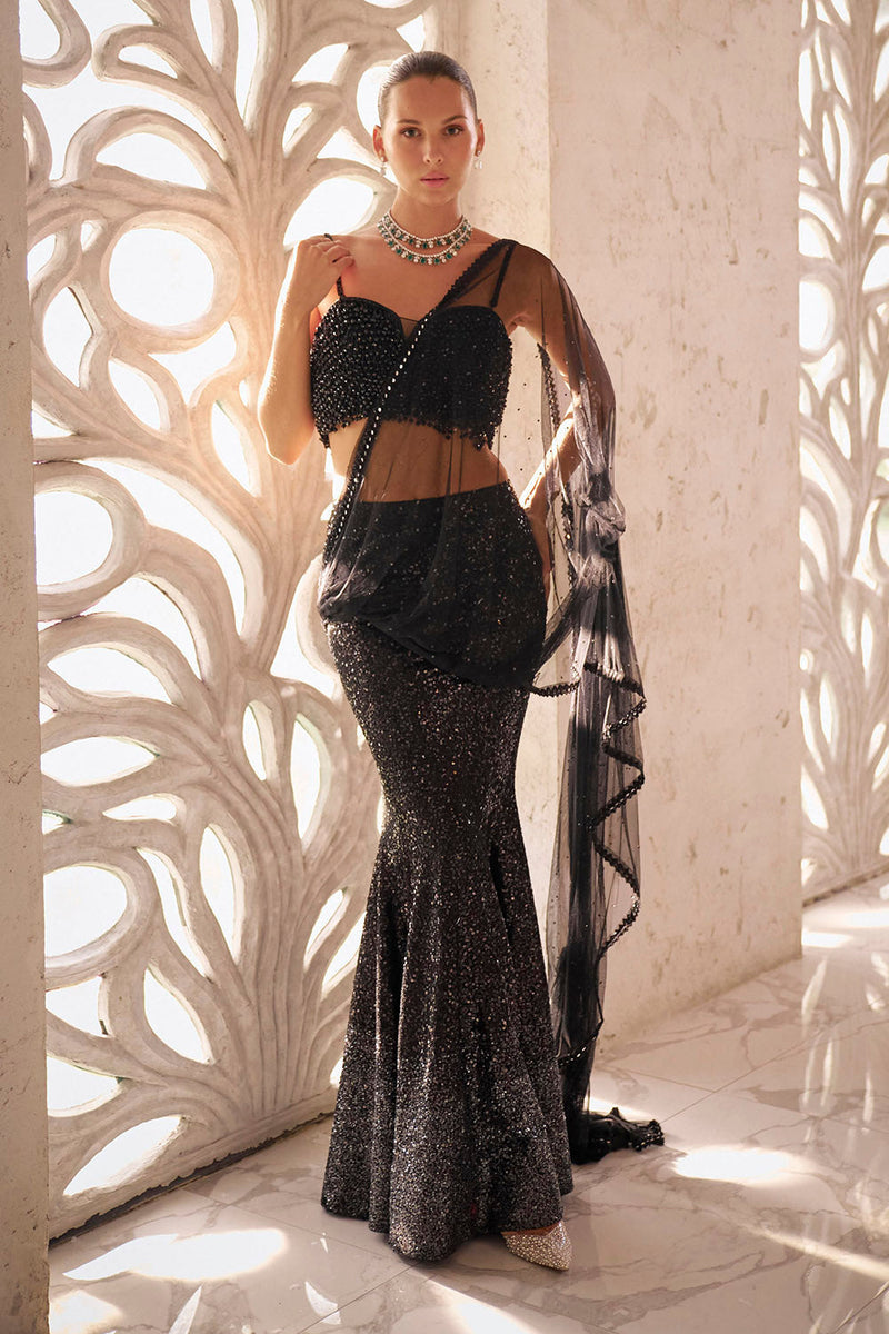 Blackto grey sequins drape saree